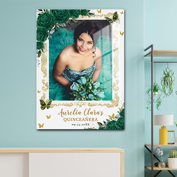 Emerald Green Floral Butterflies Quinceanera Photo Customized Printed Rectangle Vertical Acrylic Photo Frame