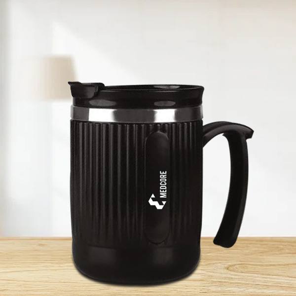 Black Customized Large Spill Proof Suction Steel Mug with Flip Top Lid | Capacity 460ml approx | Stainless steel inside