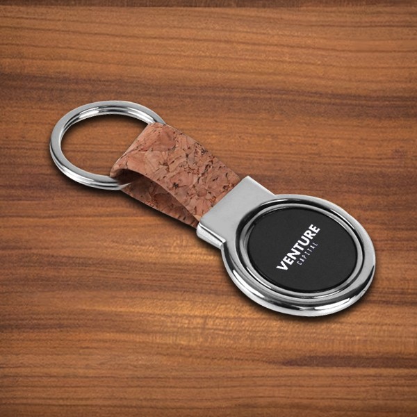 Customized Cork Key chain with Round Rotating Double side Gunmetal plate