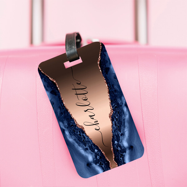 Blue Marble Rose Gold Monogram Customized Vertical Bag Luggage Tag