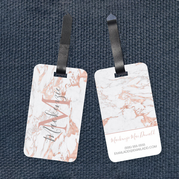 Elegant Rose Gold White Marble Monogram Customized Vertical Bag Luggage Tag