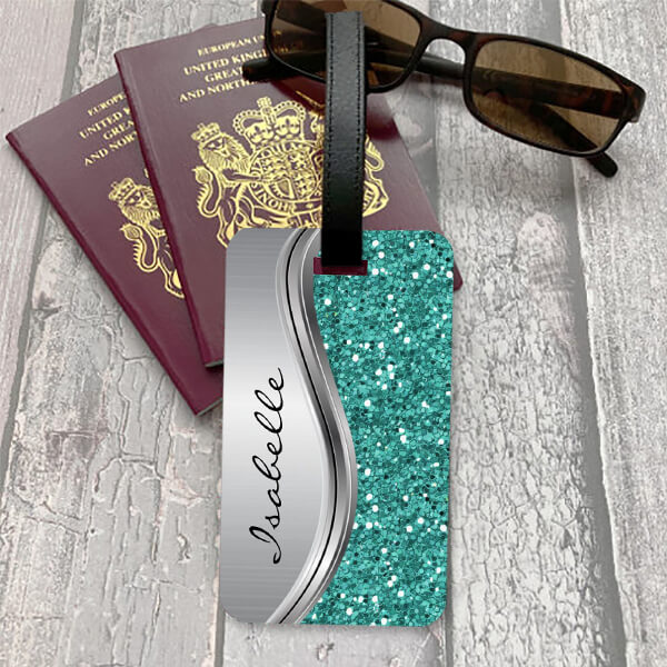 Silver Teal Faux Glitter Customized Vertical Bag Luggage Tag