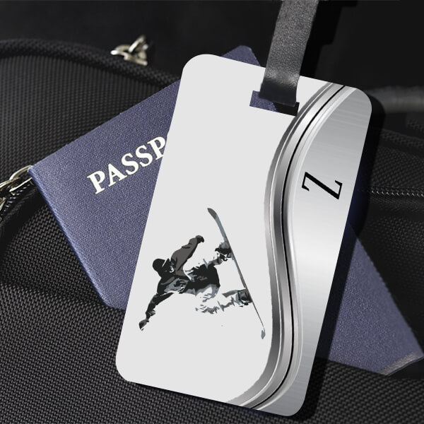 MOdern Silver Snowboarder Monogram Customized Vertical Bag Luggage Tag