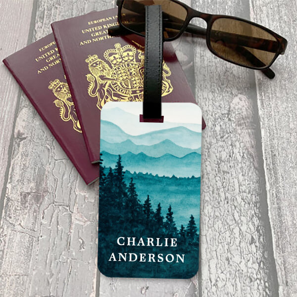 Blue Watercolor Mountains and Forest Scenery Customized Vertical Bag Luggage Tag