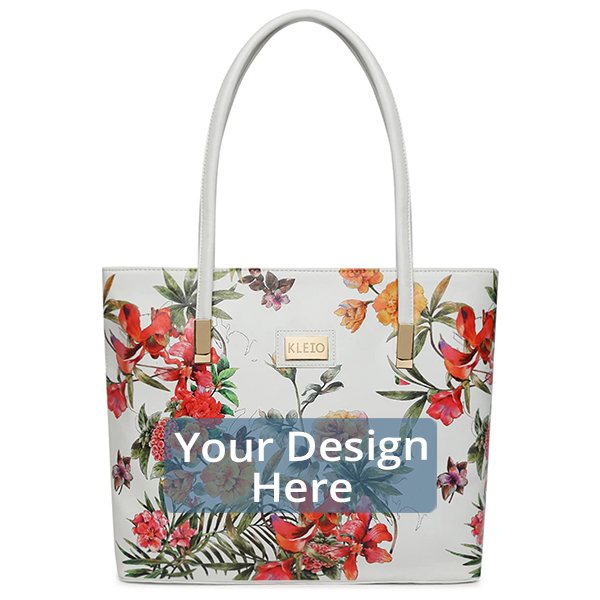 White Customized Floral Printed Zipper Tote Shoulder Handbag For Women/Ladies