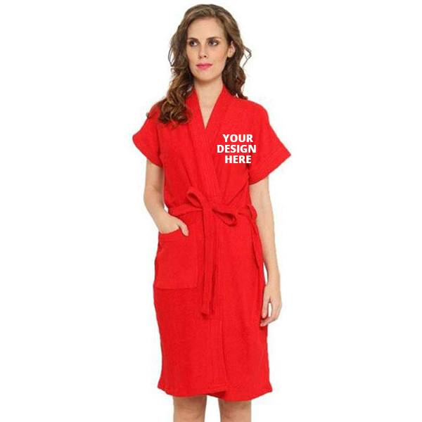 Red Customized Cotton Half Sleeves Bathrobe For Women - Free Size Fit Upto 42 Inches