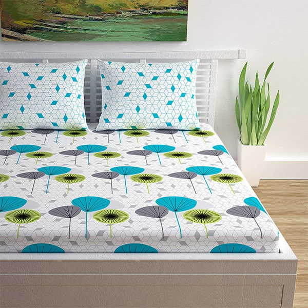 Buy Turquoise Geometric Print Customised Bed Sheet with 2 Pillow Covers