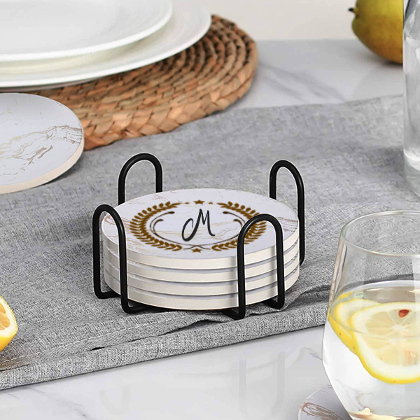 White Customized Marble Style Ceramic Coasters with Matt Finish On Top & Cork Base for Cups Set of 6