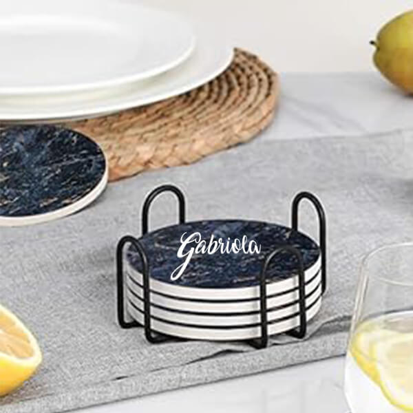 Blue Customized Marble Style Ceramic Coasters with Matt Finish On Top & Cork Base for Cups Set of 6 with Metal Holder