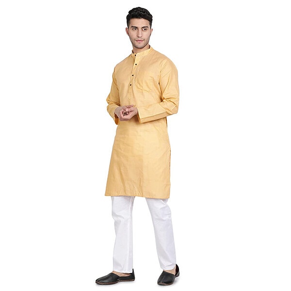 Yellow Traditional Wear Readymade Only Men's Kurta Payjama With Foil Print Work main image 1