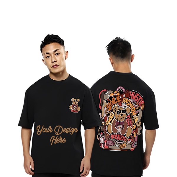 Black Customized Pure Cotton Oversized Loose Baggy Fit Round Neck Half Sleeve Black Graphic Teddy Printed T-Shirt for Men