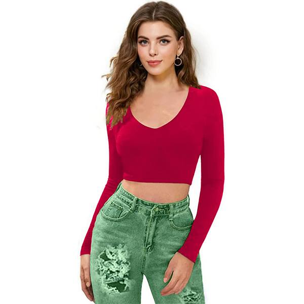 Buy Pink Customized Women VNeck Full Sleeve Crop Top yourPrint