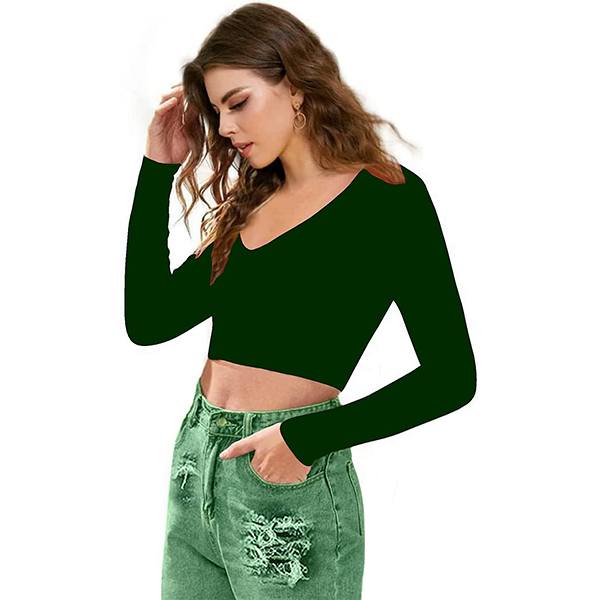 Buy Green Customized Women VNeck Full Sleeve Crop Top yourPrint