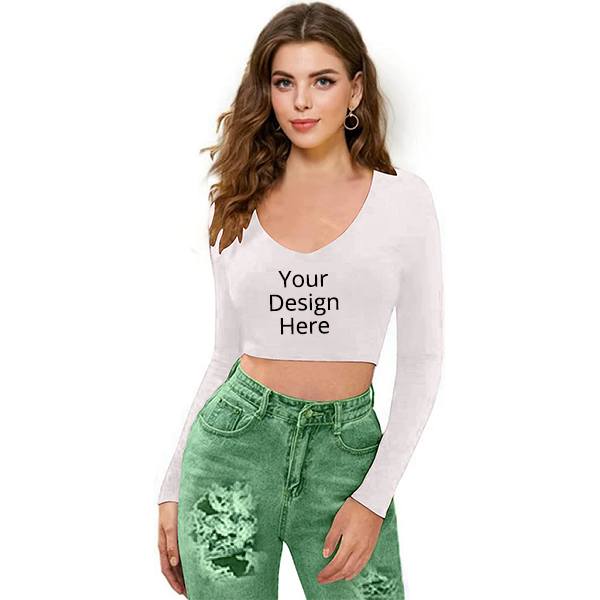 White Customized Women V-Neck Full Sleeve Crop Top