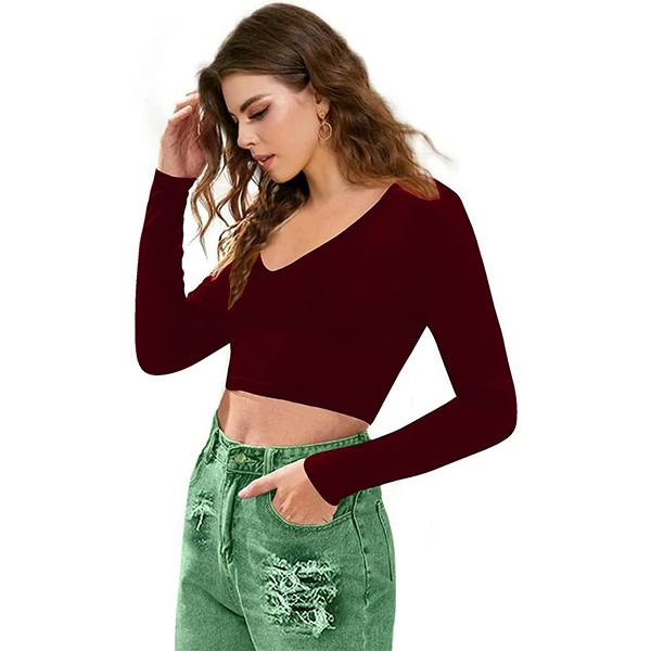 Buy Maroon Customized Women's VNeck Full Sleeve Crop Top yourPrint
