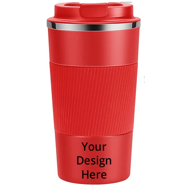 Red Customized Insulated Travel Coffee Mug, Double Wall Vacuum Stainless Steel Fat-Bottomed Coffee Cup Tumbler with Spill Proof Flip Lid, 510 ML