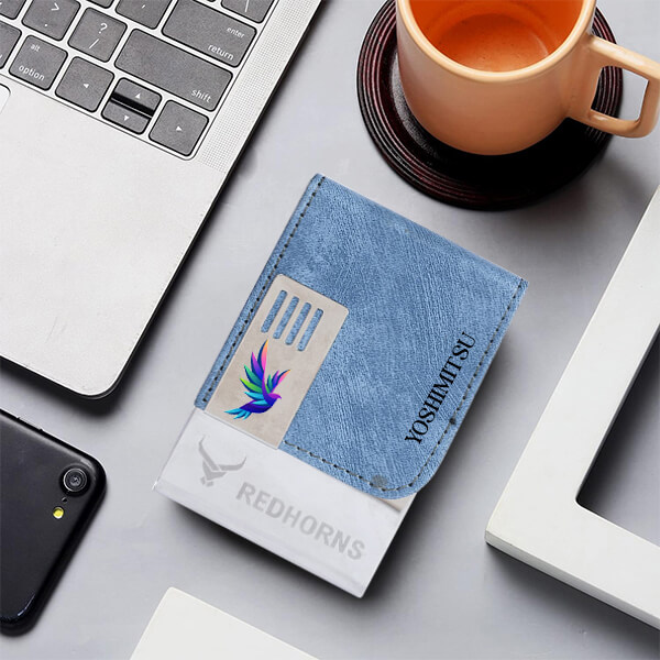 Blue Customized PU Leather & Stainless-Steel Visiting Card Holder Wallet with Magnetic Shut for Men & Women