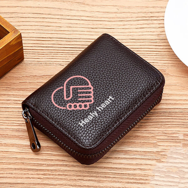 Brown Customized 12 Card Slots Leather Visiting Card Holder Small Zipper for Women & Men